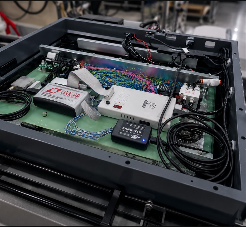 Interior de un fixture con módulos de programación, instrumentación y cableado integrados